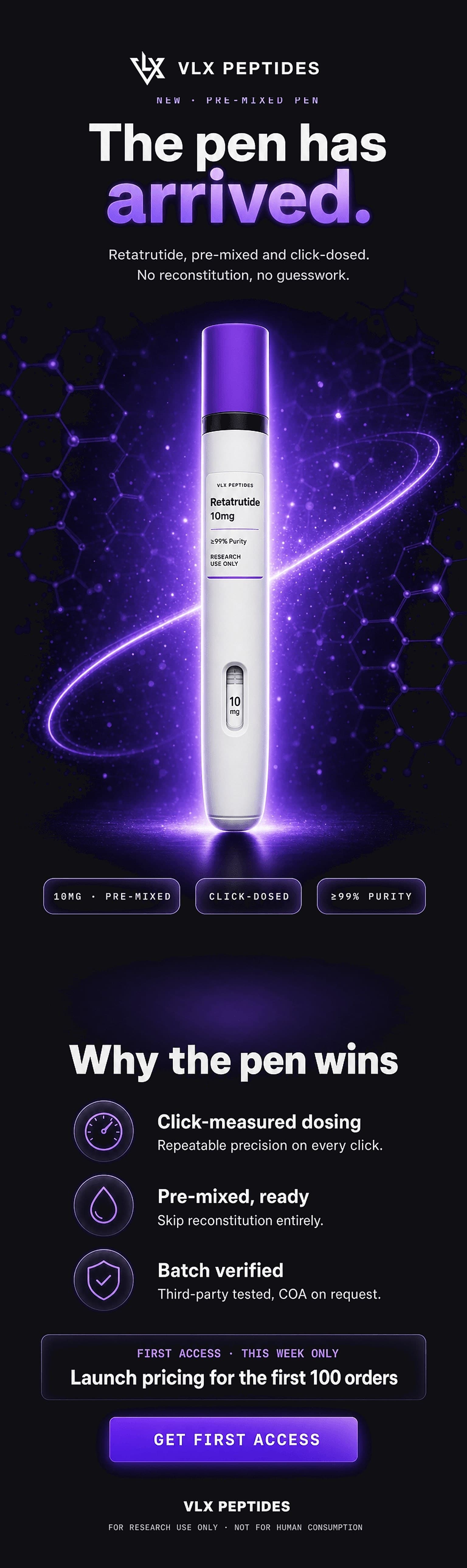 Product Launch email design, VLX Peptides demo store