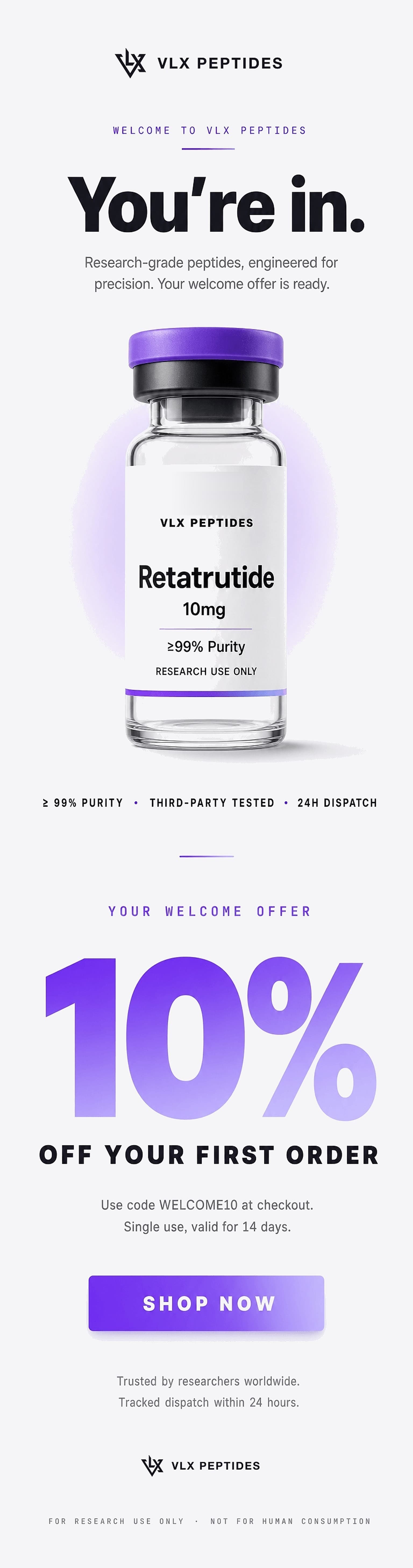 Welcome email design, VLX Peptides demo store