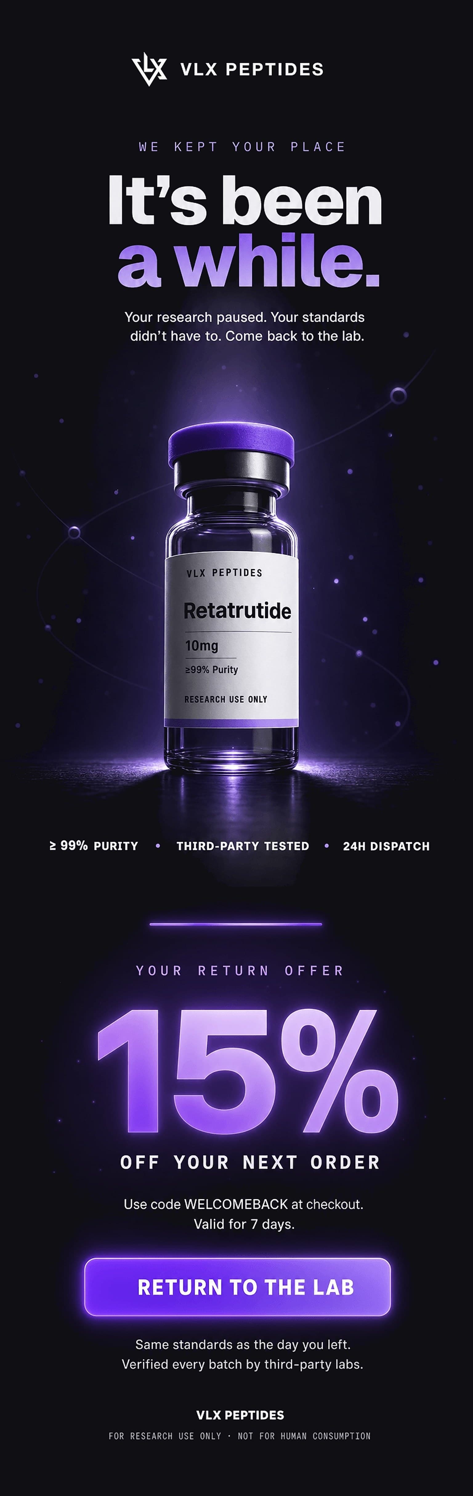 Customer Reactivation email design, VLX Peptides demo store