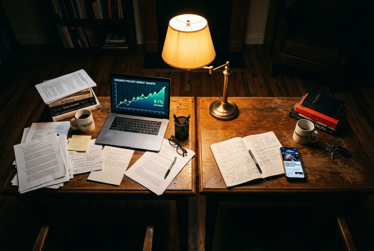 Person reviewing spreadsheets on a laptop at a cluttered desk, warm desk lamp, papers stacked nearby