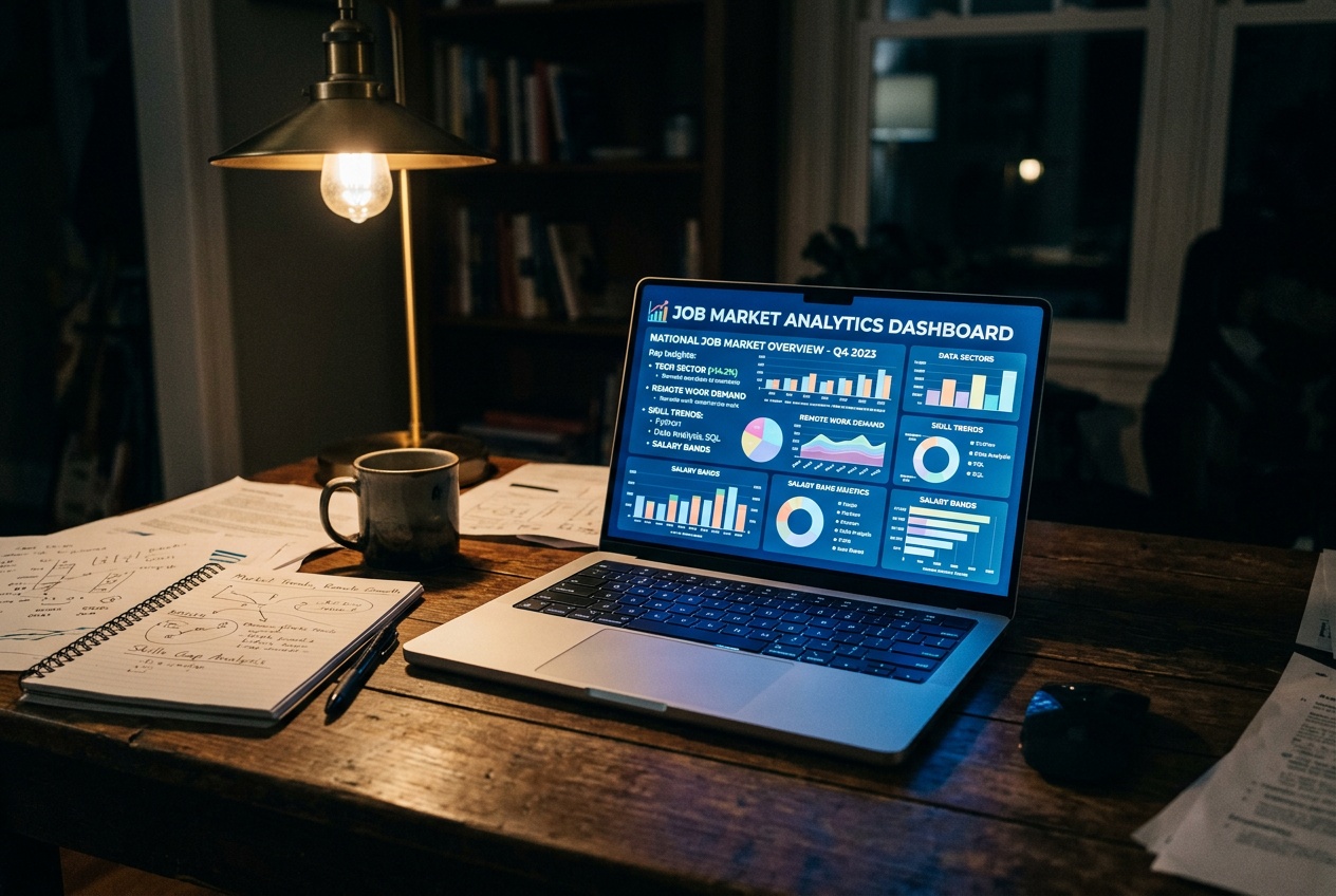 A laptop open on a wooden desk showing a job market analytics dashboard, screen casting a faint blue glow on scattered papers, low overhead light, shallow depth of field