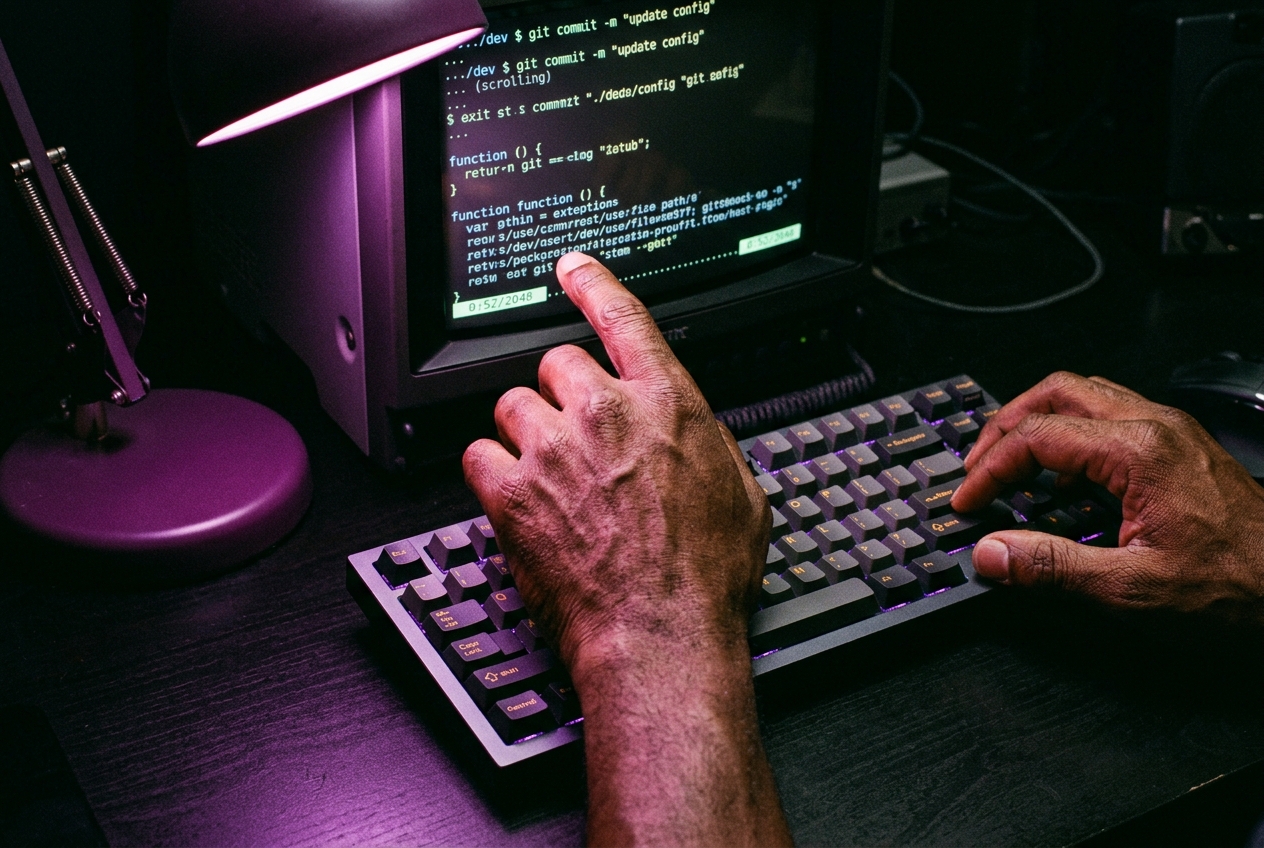 Close-up of two hands on a keyboard, one finger pointing at a line of code on a dark terminal screen, purple desk lamp light falling across knuckles, film grain, tight crop