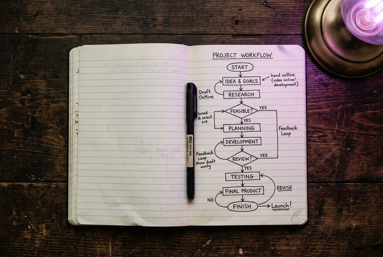 Notebook with handwritten workflow diagram on a dark wooden desk, single violet-toned desk lamp illuminating the page
