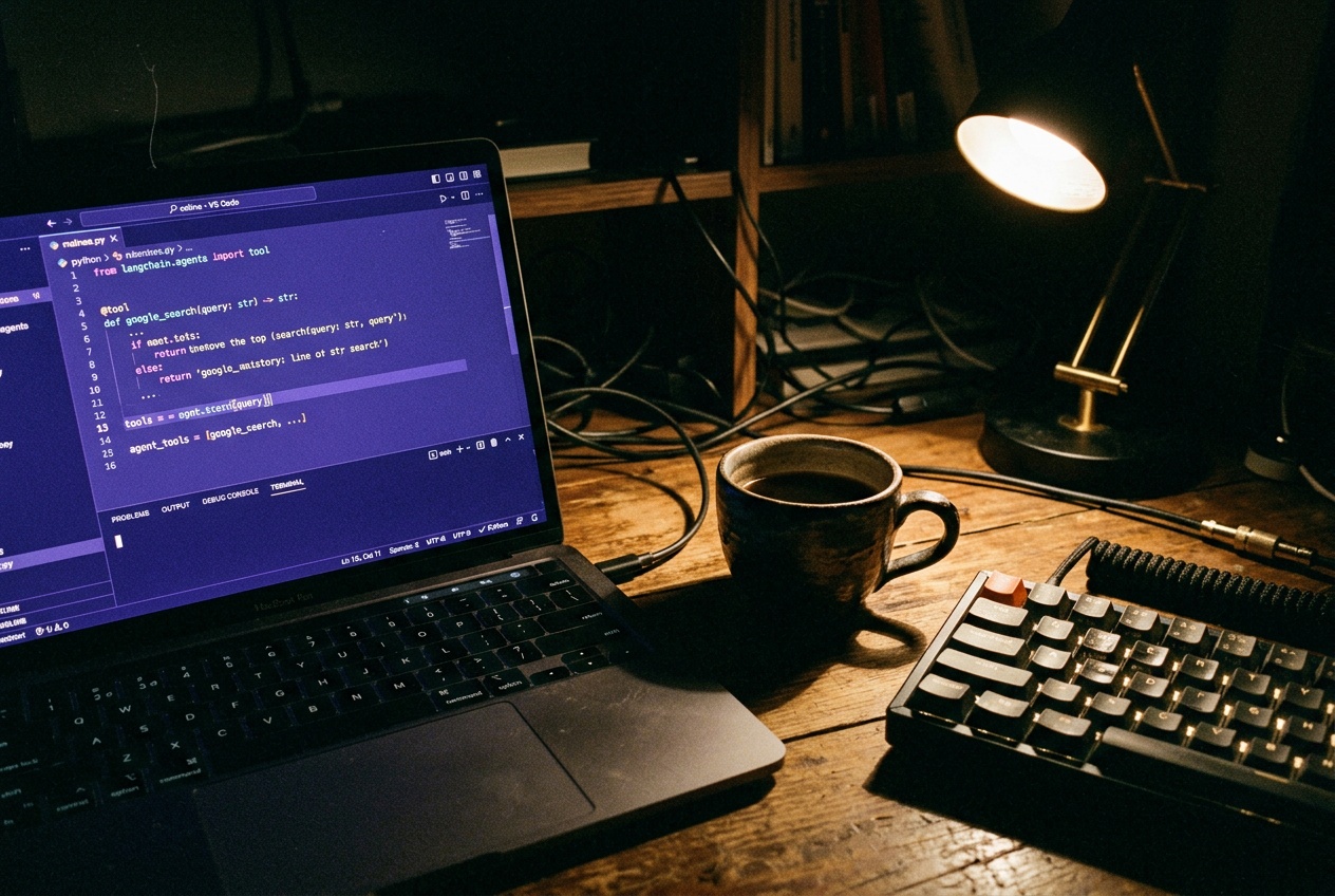 A developer workstation at night showing a terminal with agent session logs, violet glow from the monitor reflecting on a mechanical keyboard