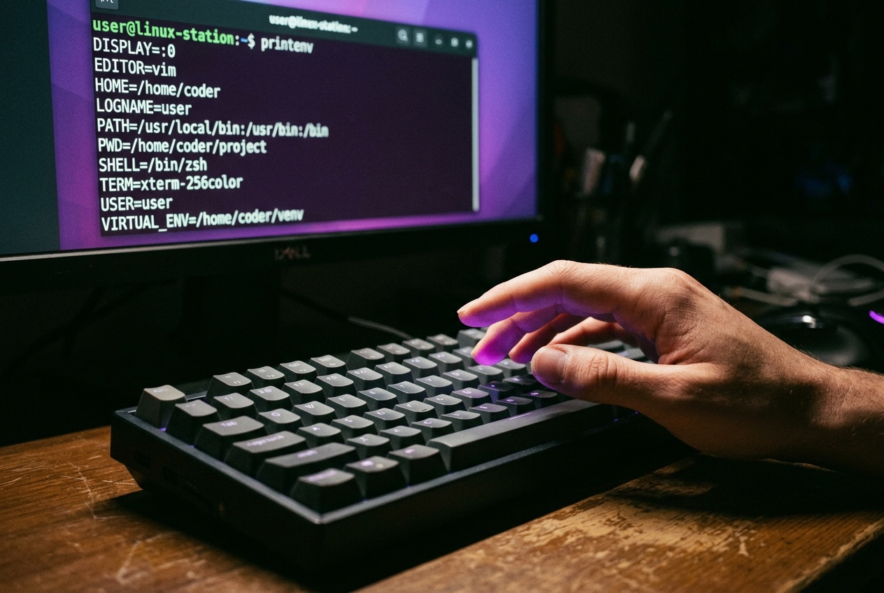 Close-up of a hand reviewing a printed list of API keys and environment variable names on a dark wooden desk, single overhead lamp, shallow focus